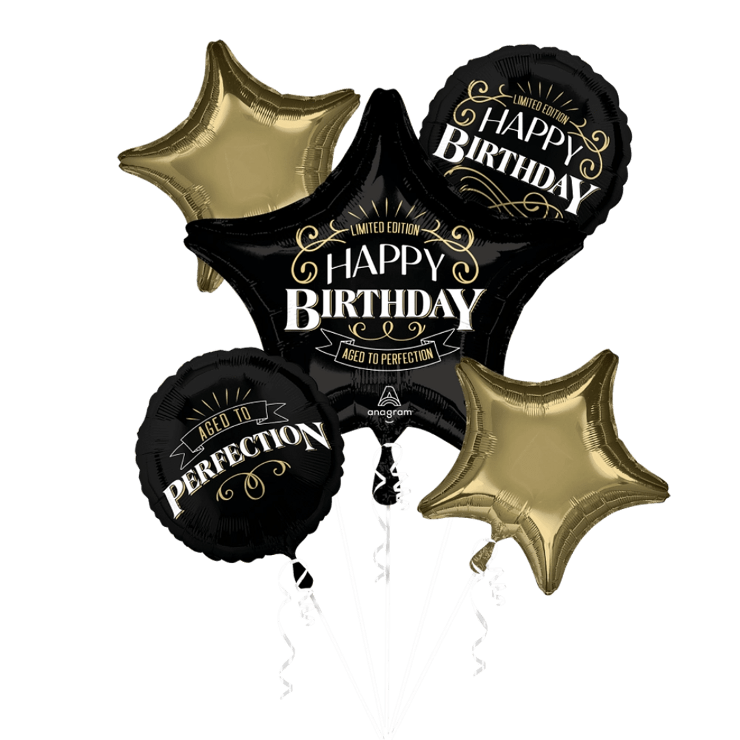 Cluster of black and gold birthday balloons with star shapes