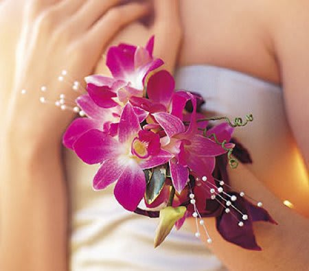 Purple Orchid &amp; Bling Wrist Corsage #13 - This beautiful purple orchid and bling wrist corsage can be made with a plain, rhinestone, or pearl wristlet. Boutonnieres and corsages can be made with any colour of accents and ribbon. Please call us for more information or specify colours of outfit/dress in the "Florists' Instructions" section of the check out page.