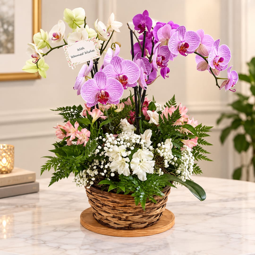 Basket arrangement of pink and white orchids with mixed flowers
