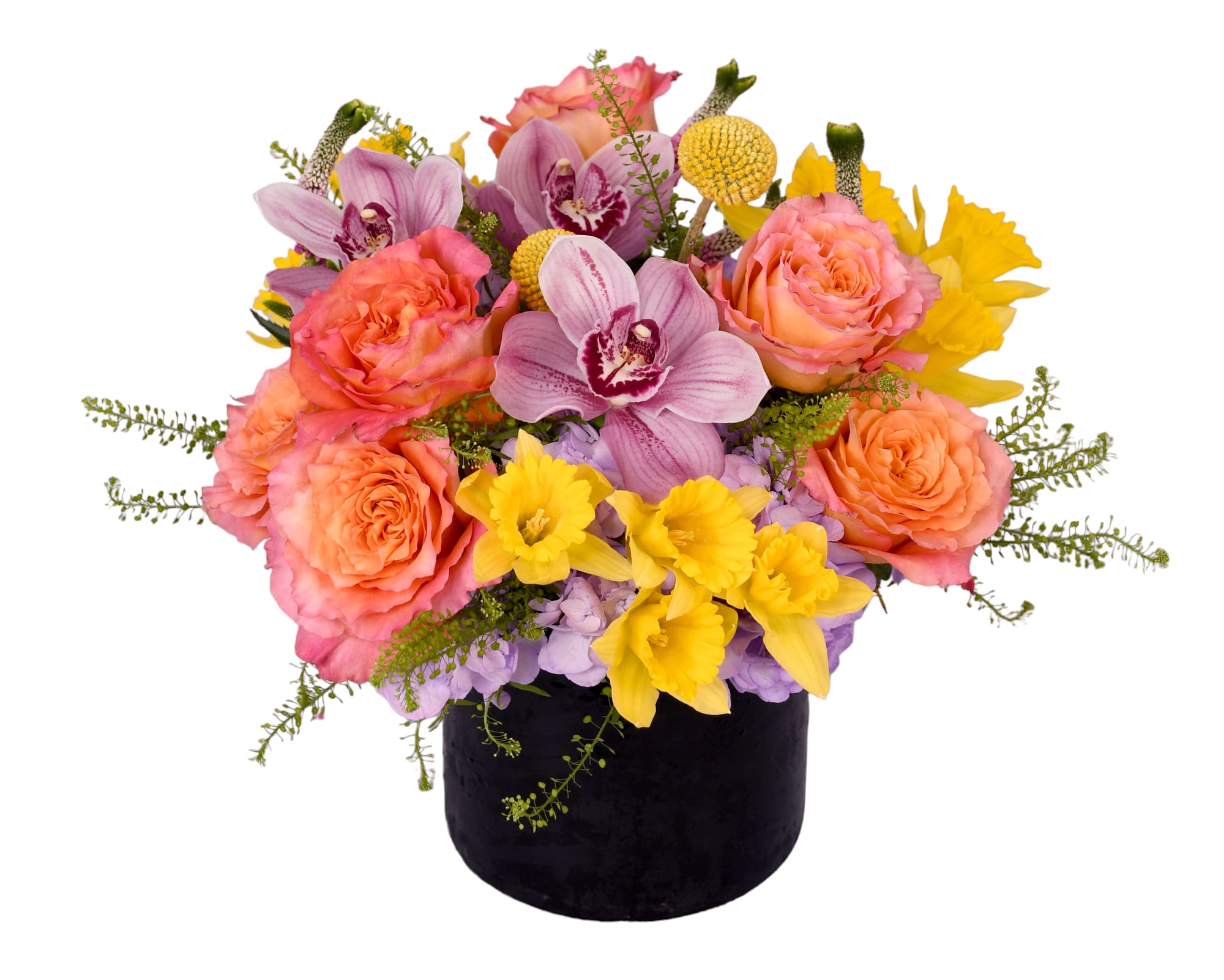 Mixed bouquet of pink roses, orchids, and yellow flowers in a black vase