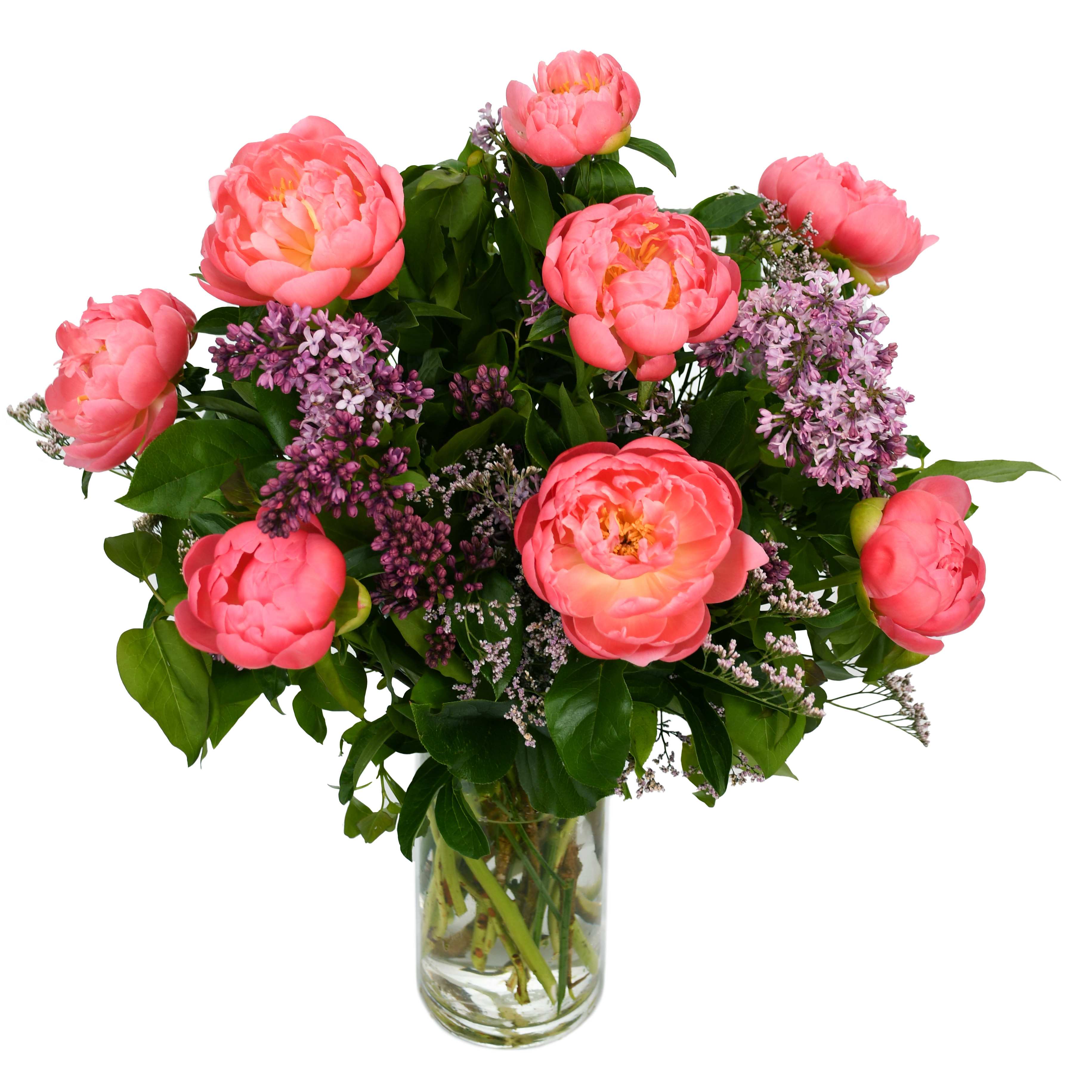 Pink peonies and purple lilac in a clear glass vase