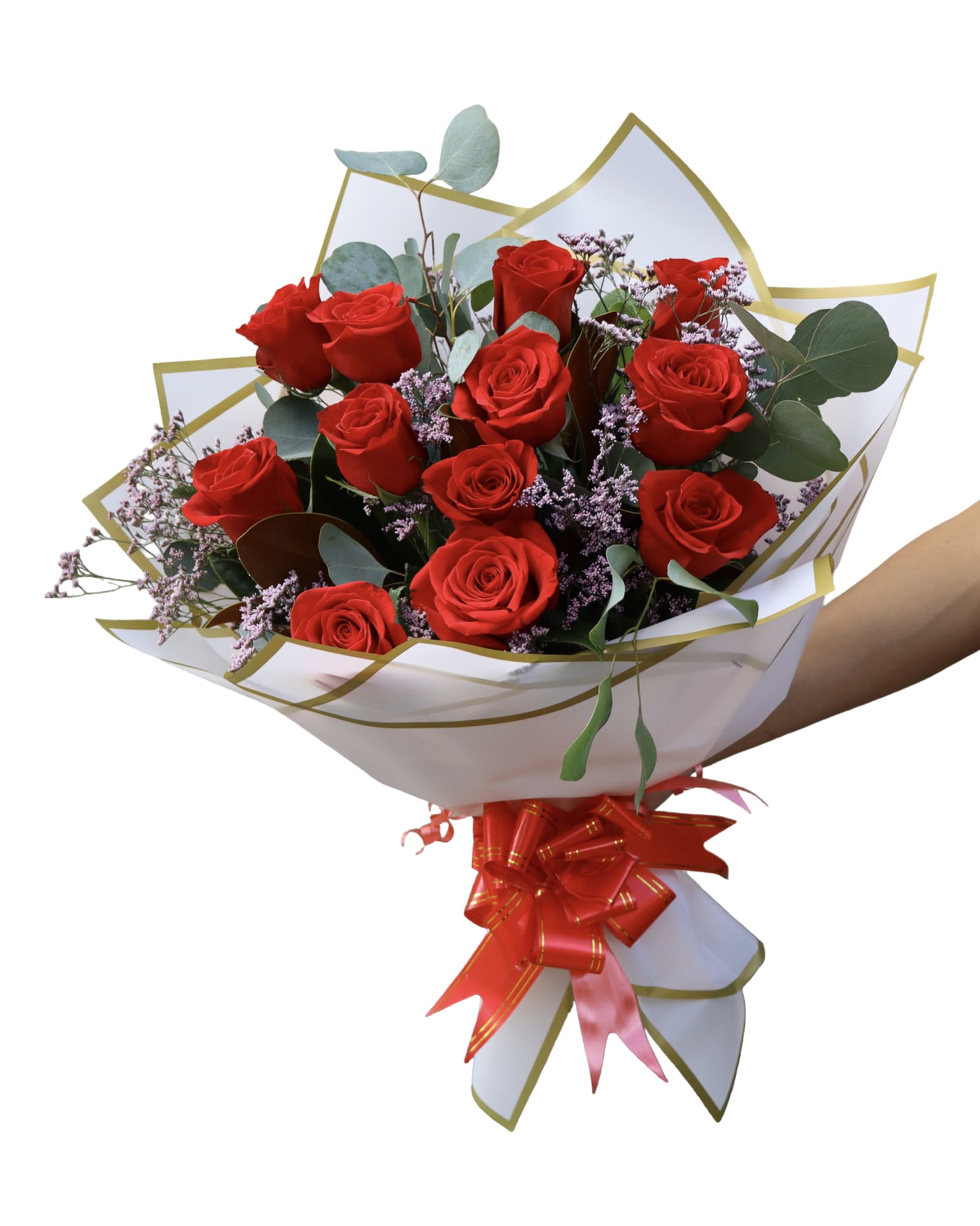 Bouquet of red roses with purple filler in white wrap