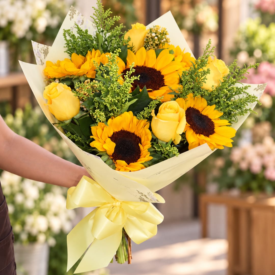Bouquet of yellow sunflowers and roses wrapped with a yellow ribbon