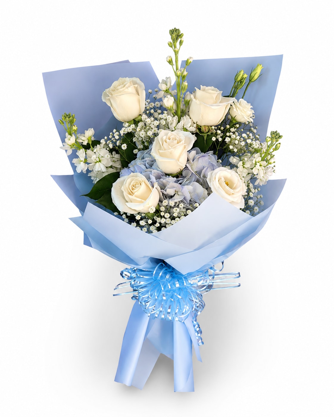 Columbia Blue Elegance Bouquet - Celebrate the Class of 2026 with a bouquet designed in Columbias signature blue and white tones. This elegant hand wrapped arrangement features white roses, soft blue hydrangea, delicate baby’s breath, and fresh seasonal blooms for a timeless graduation look perfect for photos, celebrations, and unforgettable moments. 14" wide x 24" high.