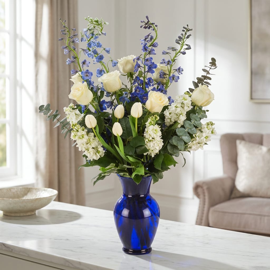 Blue and white flower arrangement in a cobalt vase