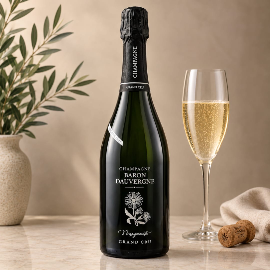Champagne bottle beside a filled flute glass on a tabletop