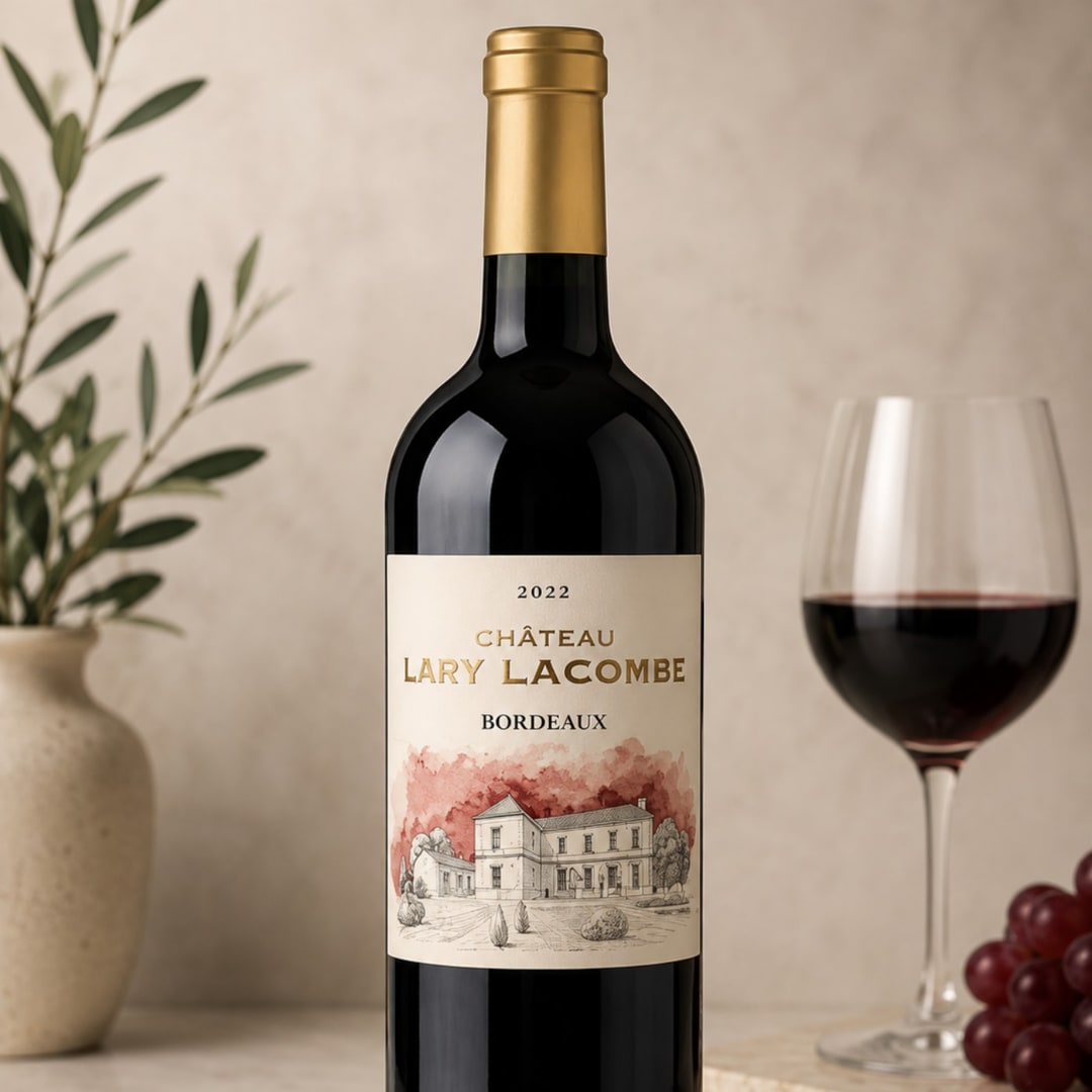 Bottle of red wine beside a glass of wine and grapes