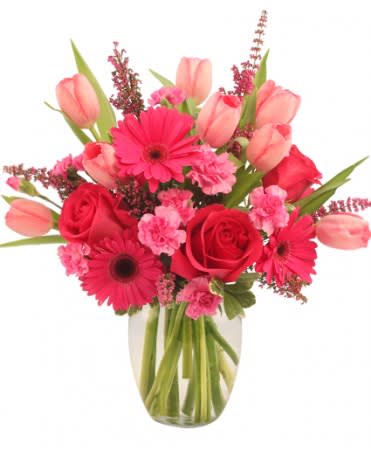 Sweet Pink Mystique by FSN - Contains roses, tulips, mini carnations, and gerbera daisies.