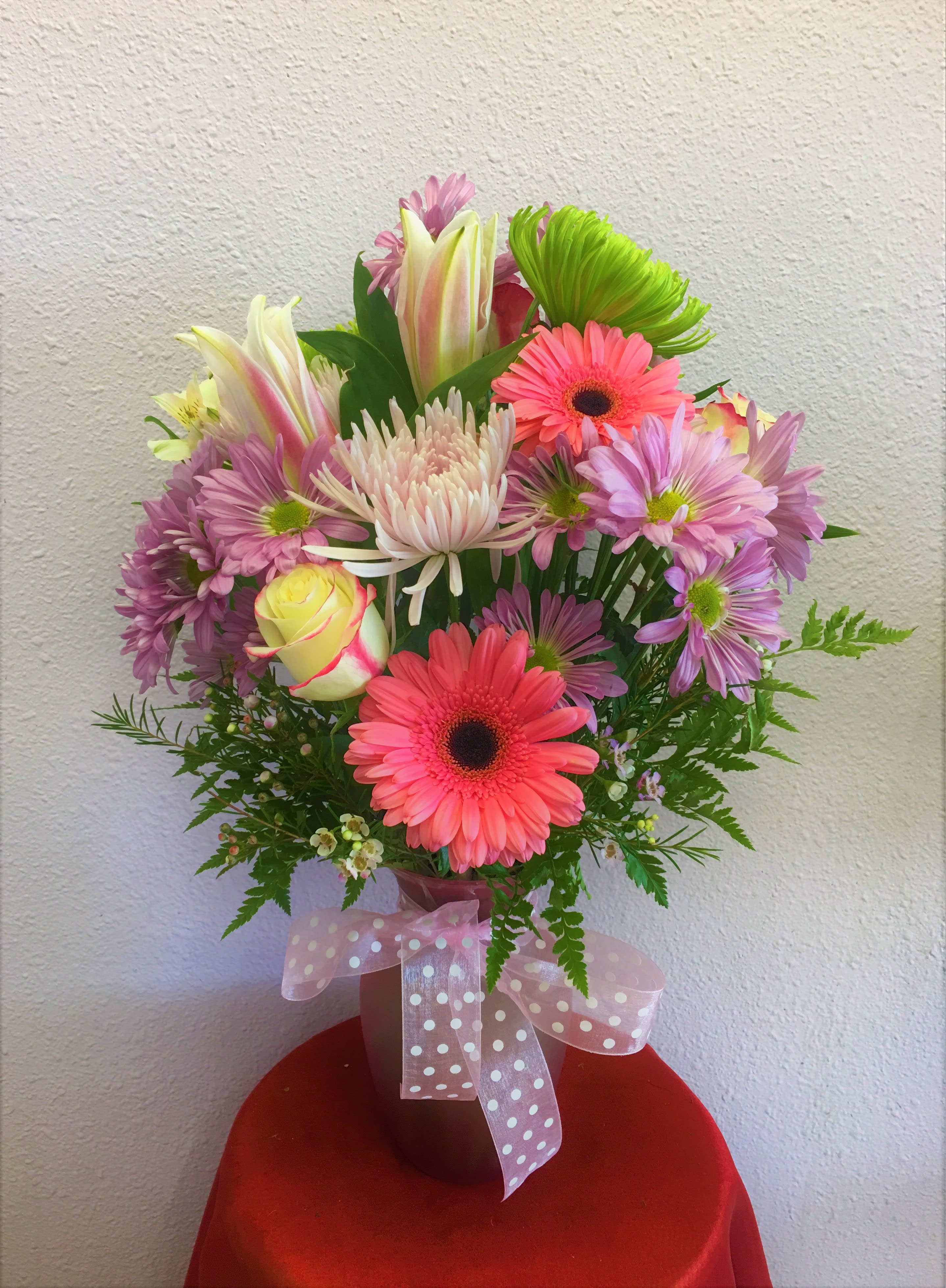 Pink Dreams By Forever Flowers - White Alstroemeria, pink Lilies, pink Gerberas, and pink Carnations.