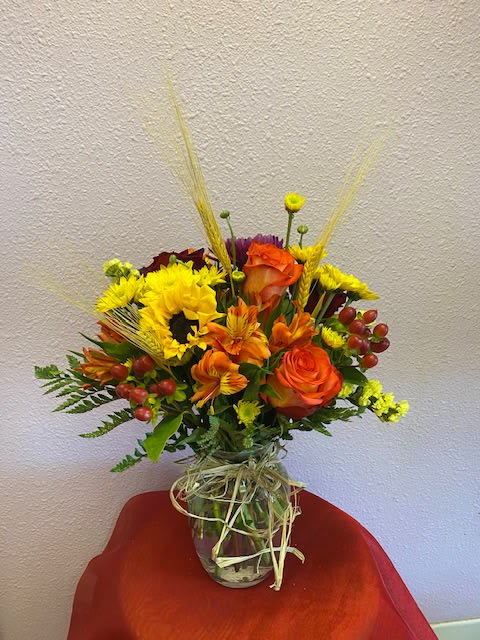 A Day In Autumn by Forever Flowers - Sunflower, Daisies, Roses, Altroemeria, Huckleberrys, Dry Wheat, etc. 
