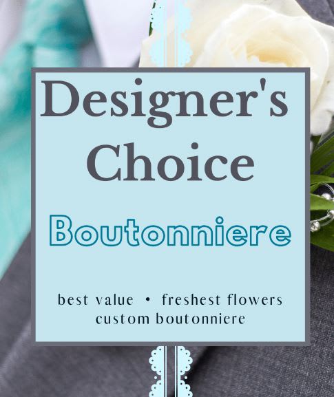 Designer's Choice Boutonniere! - Boutonnieres ARE ONLY FOR PICK UP, WE DO NOT DELIVER Boutonnieres.  A lovely Boutonniere for that special event! Contains a white, red, hot pink, OR light pink rose, ribbon, greenery, pins, &amp; accents in gold, silver, or black. Please use the "Florist Instructions" box at checkout for custom requests such as ribbon color, accents, etc.