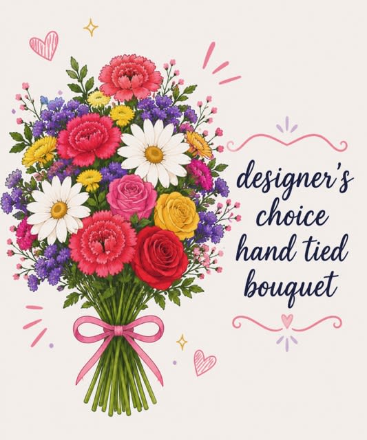 Hand-Tied Bouquet! - A ribbon-tied beautiful bouquet of fresh seasonal blooms! Every bouquet will look different and one of a kind based on available colors and flowers. *HAND-TIED ONLY. NO VASE INCLUDED.