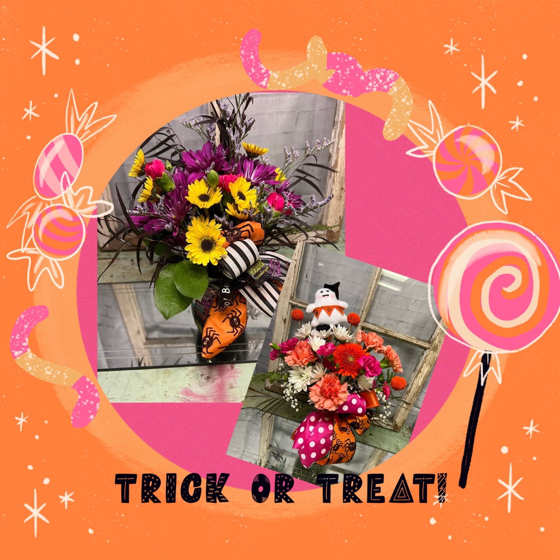 Halloween floral arrangements with bright ribbons and a trick-or-treat graphic
