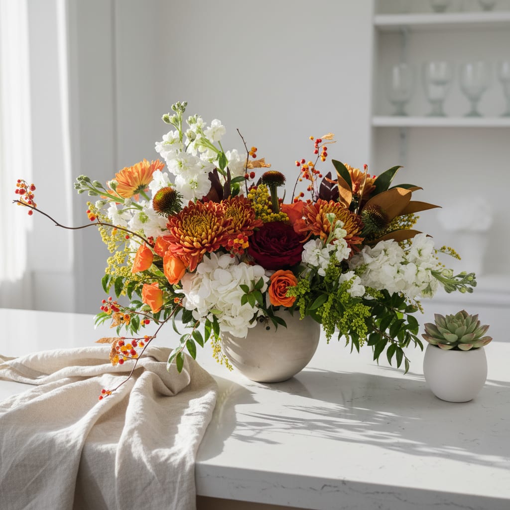Autumn floral arrangement in a white vase with orange, white, and burgundy blooms