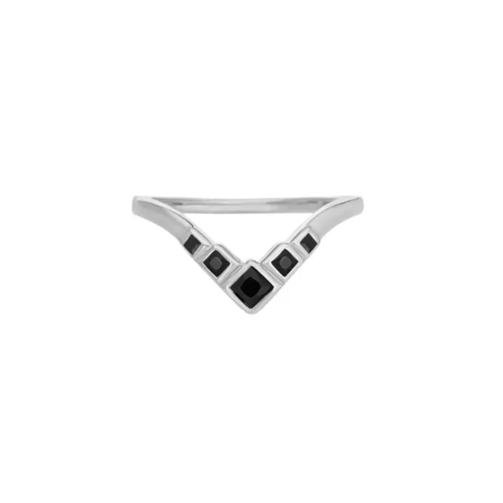 Silver geometric ring with black square stones