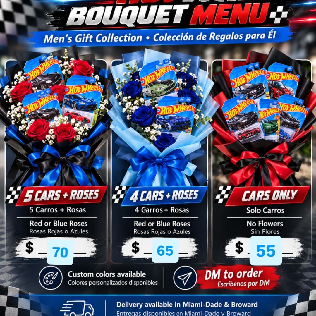 Promotional menu for car-themed gift bouquets with roses and toy cars.