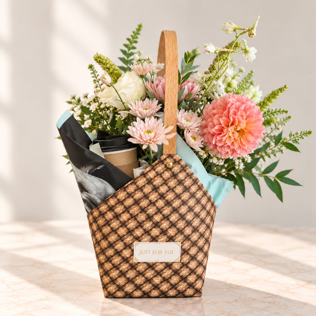 Mixed flower bouquet in a woven gift basket with a coffee cup