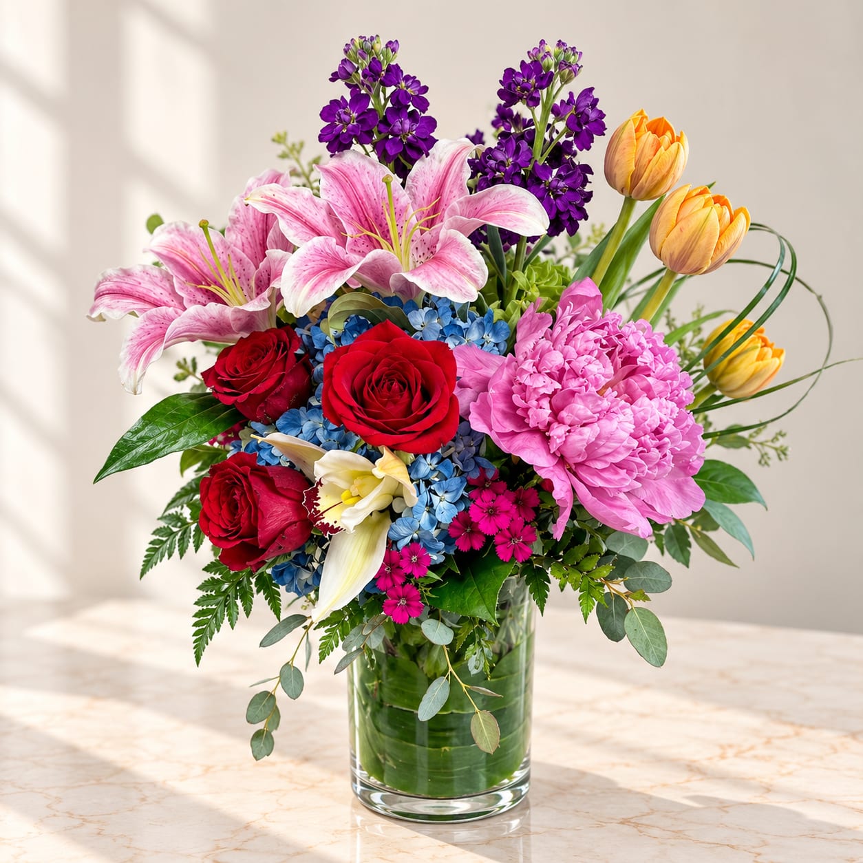 Mixed bouquet in a clear glass vase with roses, lilies, tulips, and purple blooms