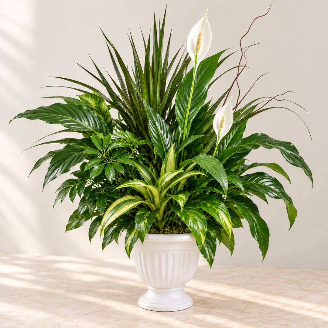 White peace lilies in a white urn planter with mixed green foliage