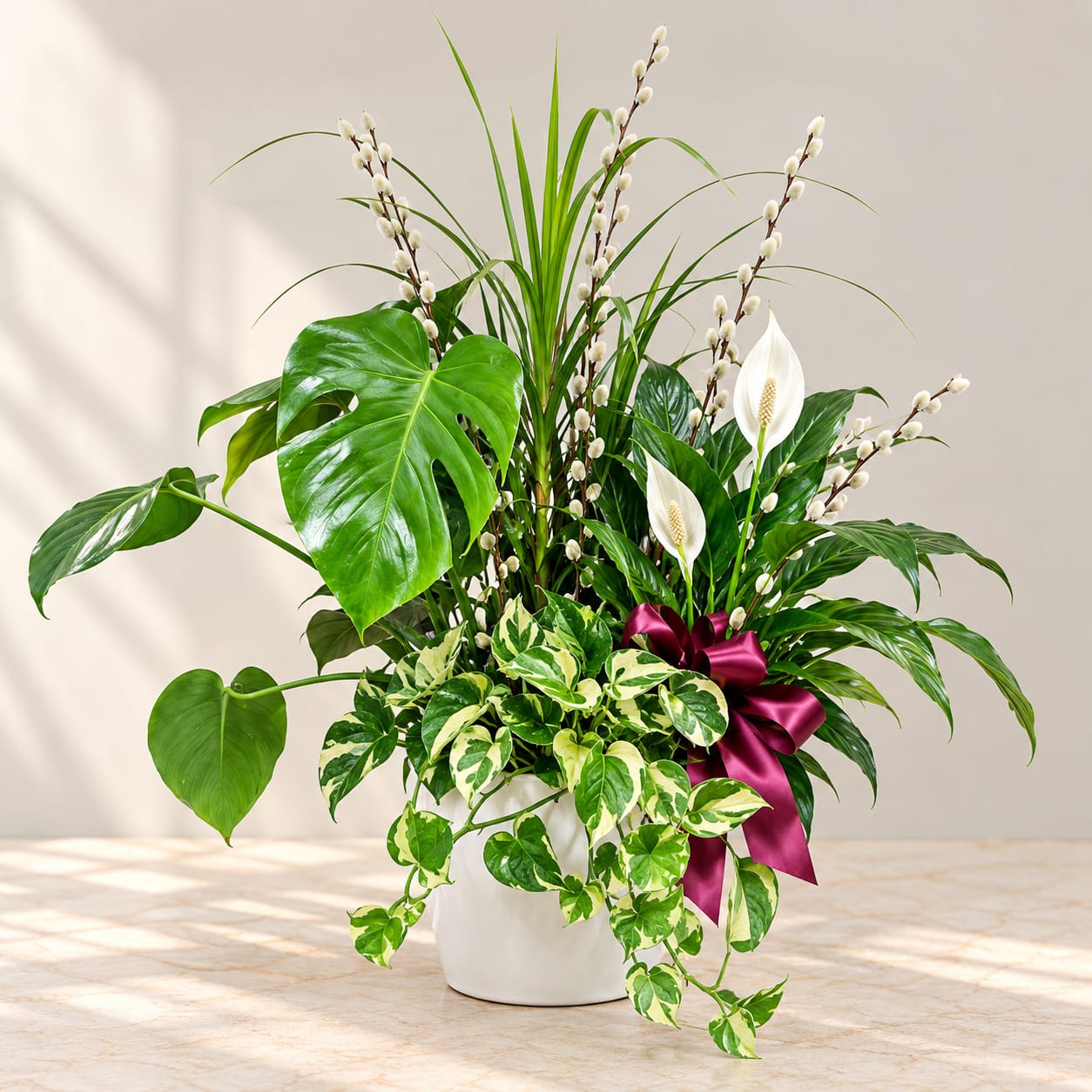 White potted plant arrangement with broad green leaves and white blooms