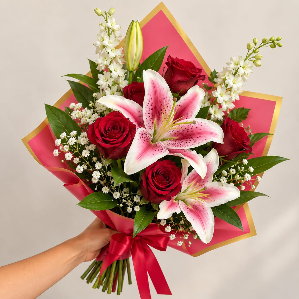 Bouquet of red roses and pink lilies wrapped in pink paper