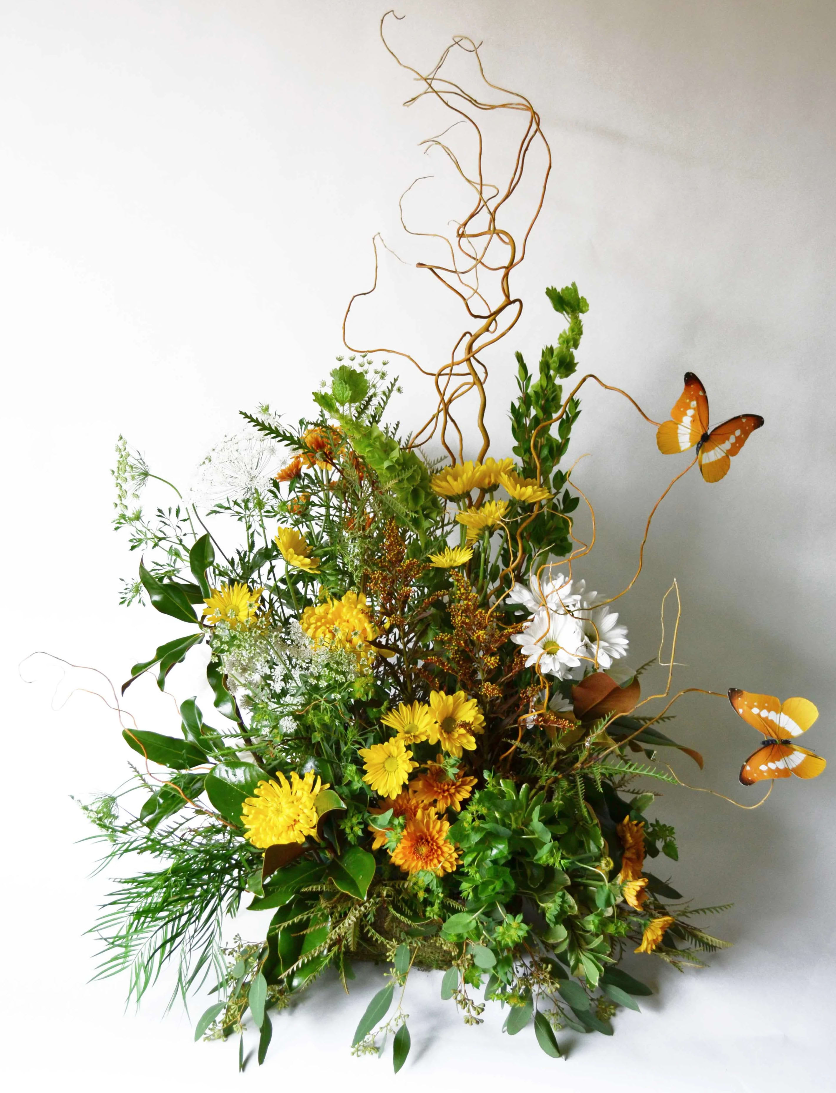 Butterflies For A Beautiful Soul - Butterflies, Curly willow, Fuji Mums, Bupleurum, Bells of Ireland, Queen Ann's Lace, Solidago, Seasonal greens 