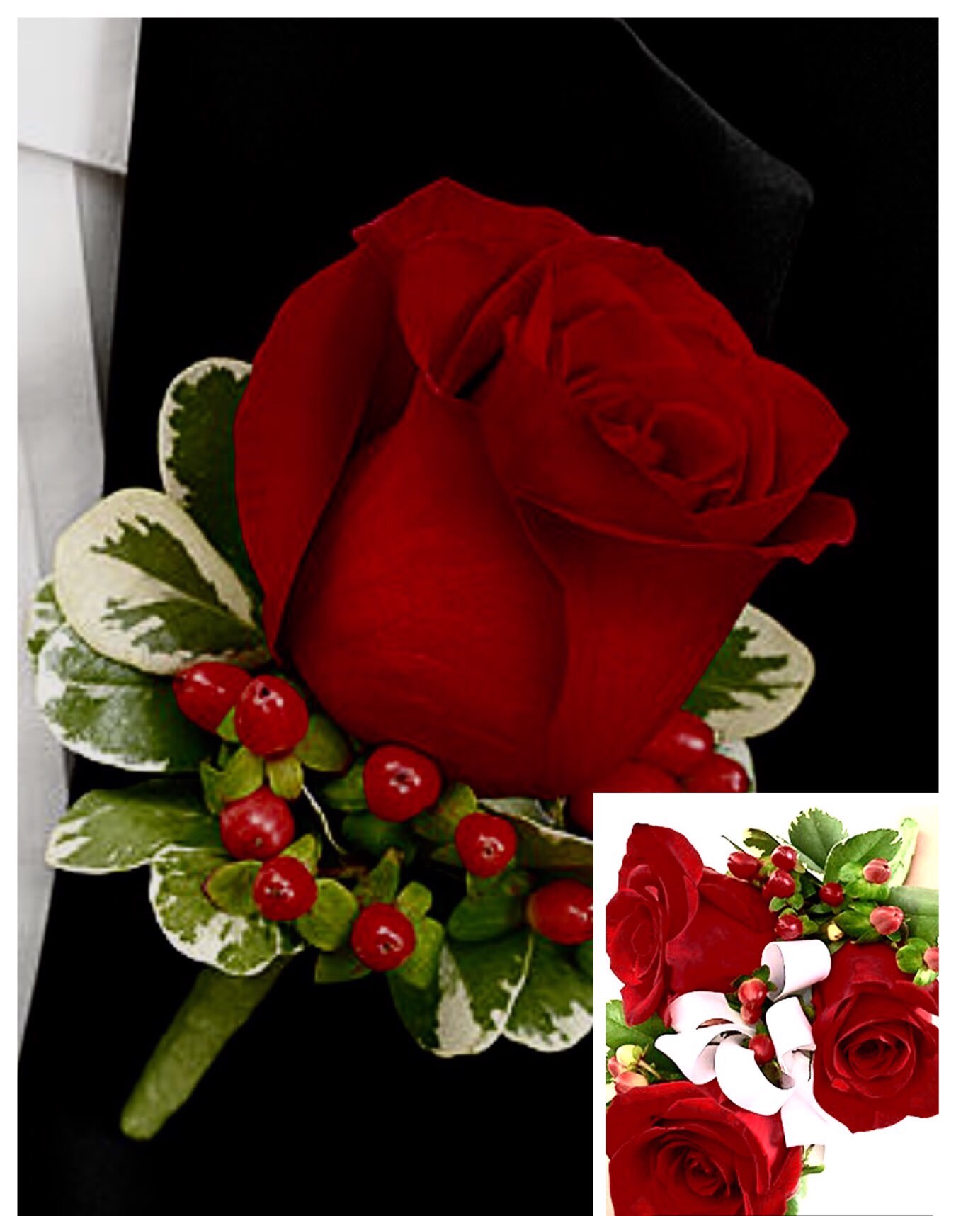 Red rose boutonniere with variegated leaves and red berries
