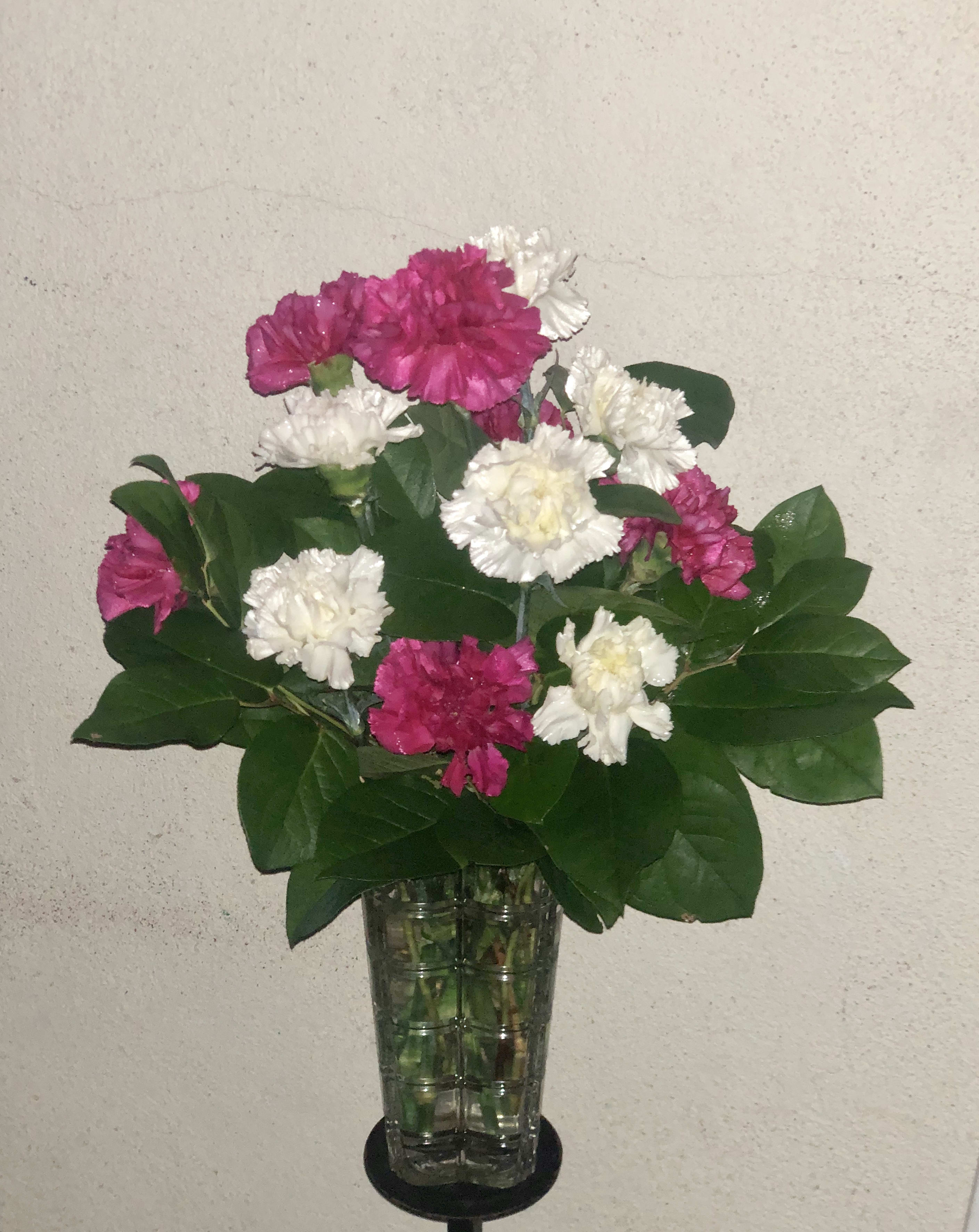 Pink and white carnations in a clear glass vase