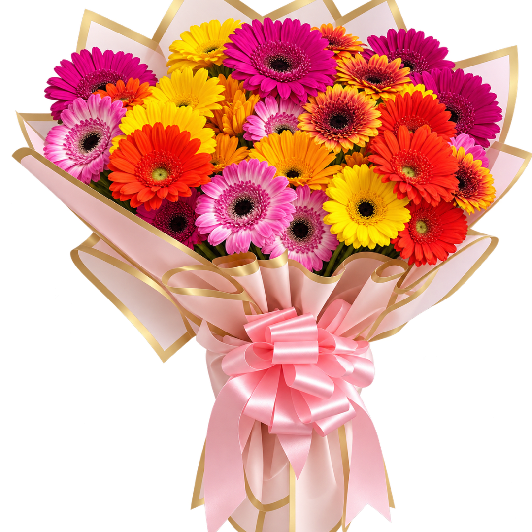 Bouquet of colorful gerbera daisies wrapped in pink paper with a ribbon