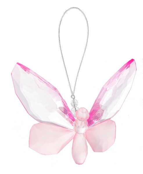 Frosted Hope Butterfly  - This acrylic butterfly features soft pink wings that catch light beautifully, making it a charming decorative accent. Perfect for arrangements, gifts, or hanging decor.   5" W. x 4" D. x 3" L