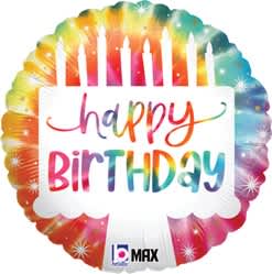 Rainbow birthday balloon with candles and "happy BIRTHDAY" text