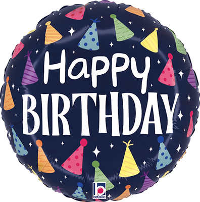 Round birthday balloon with colorful party hats and "Happy Birthday" text