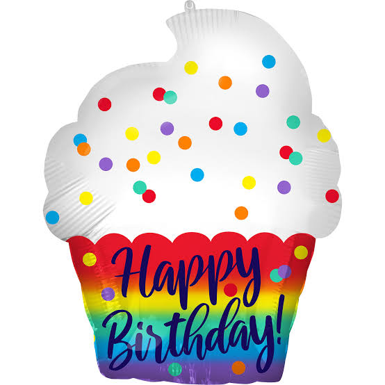 Cupcake-shaped birthday balloon with rainbow stripes and confetti dots