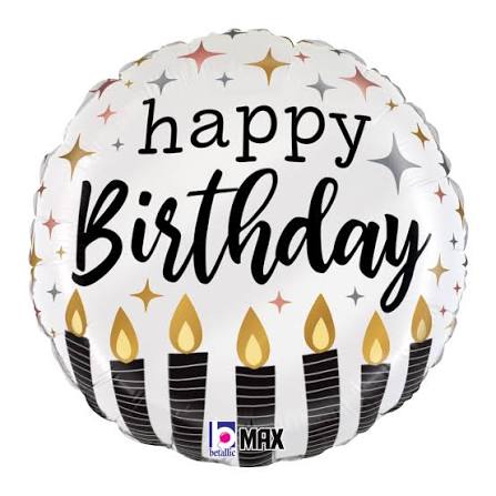 Round birthday balloon with candles and sparkles