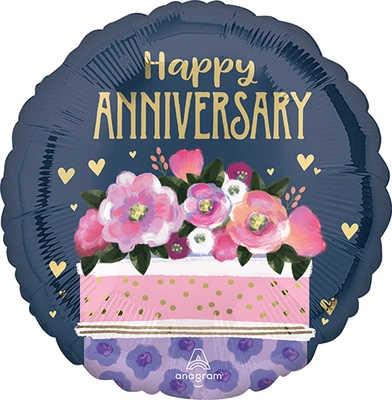 Round anniversary balloon with pink flowers and gold lettering