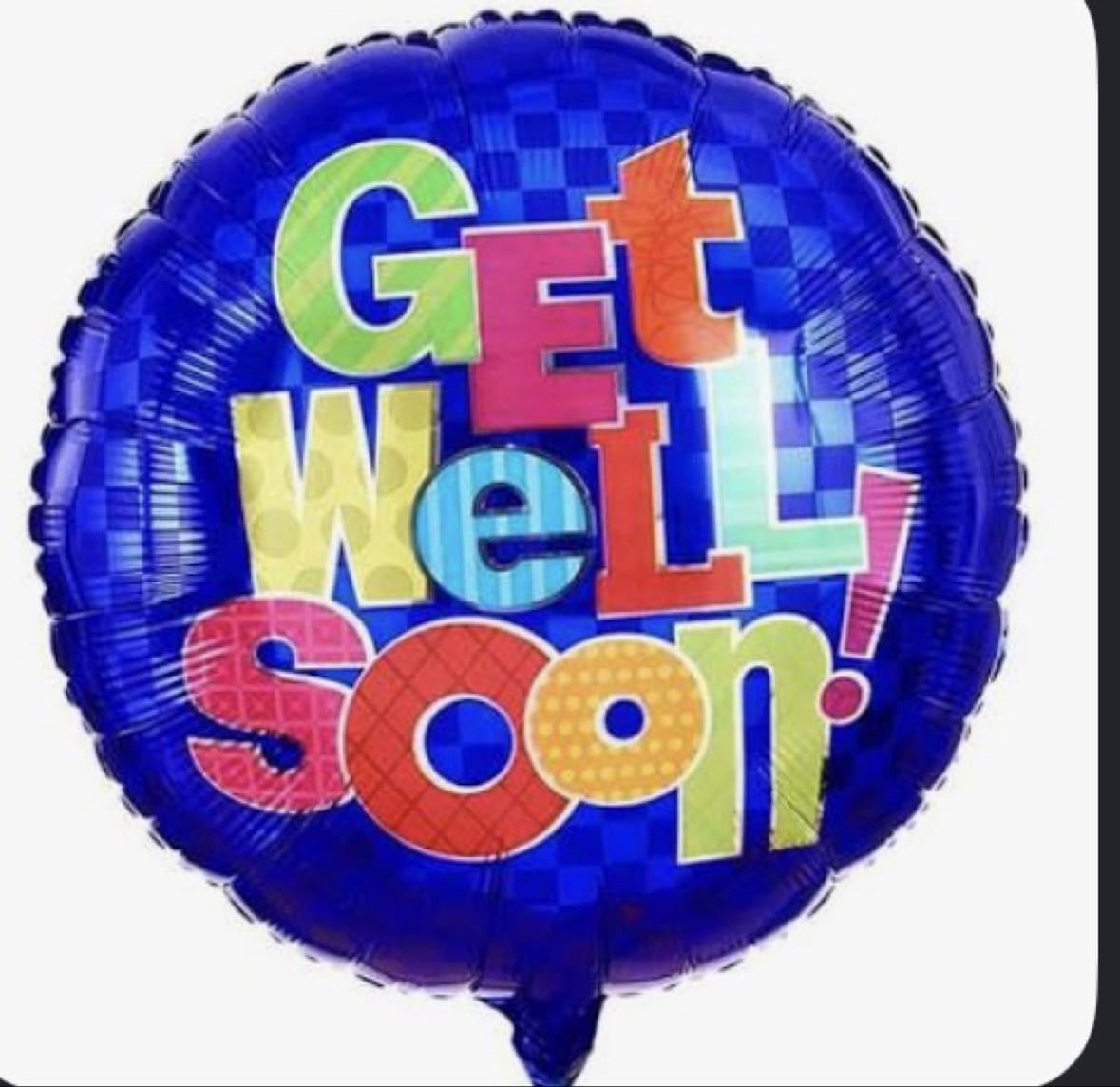 Round blue balloon with colorful "Get Well Soon!" text