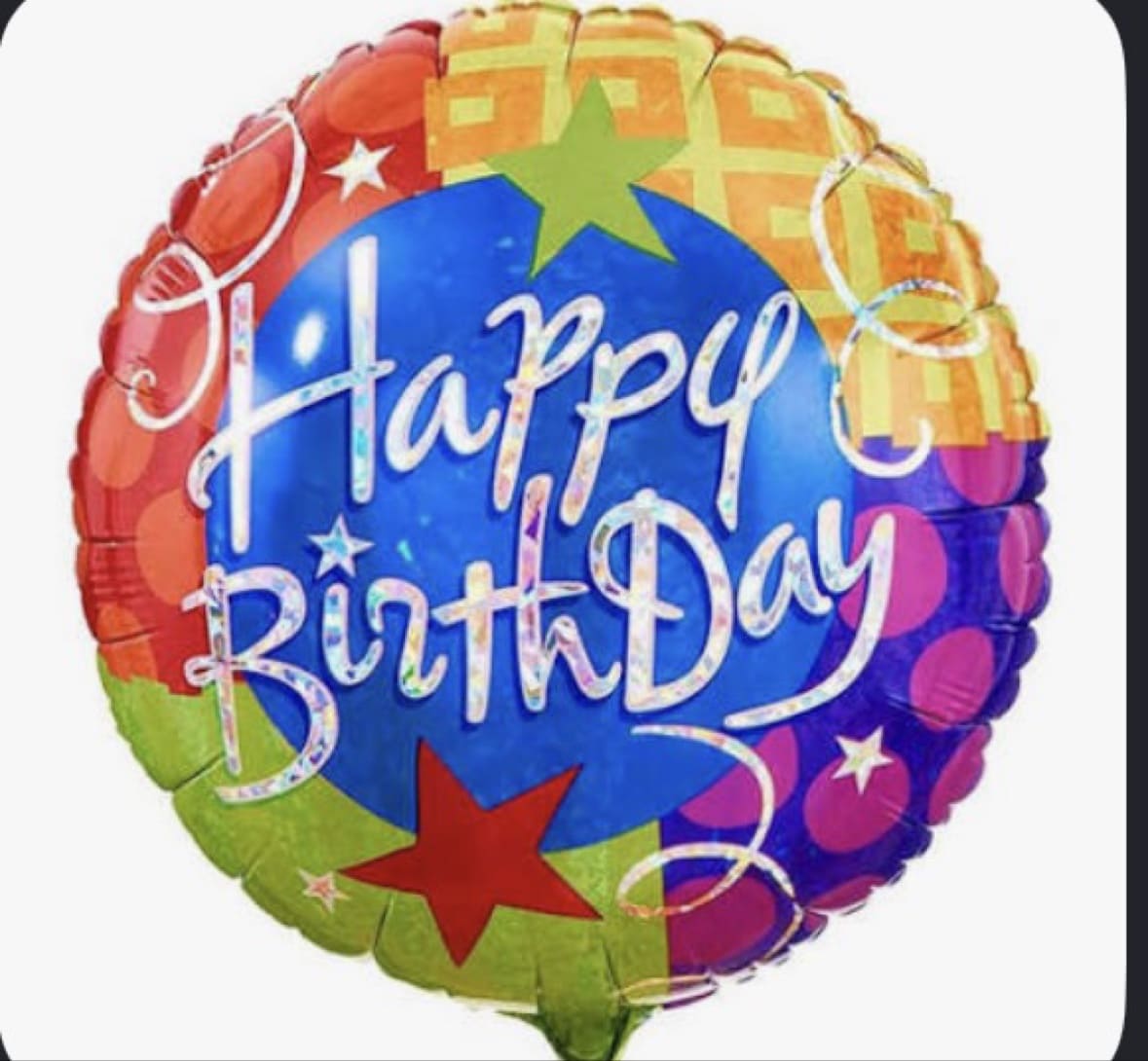 Round birthday balloon with colorful stars and "Happy BirthDay" text