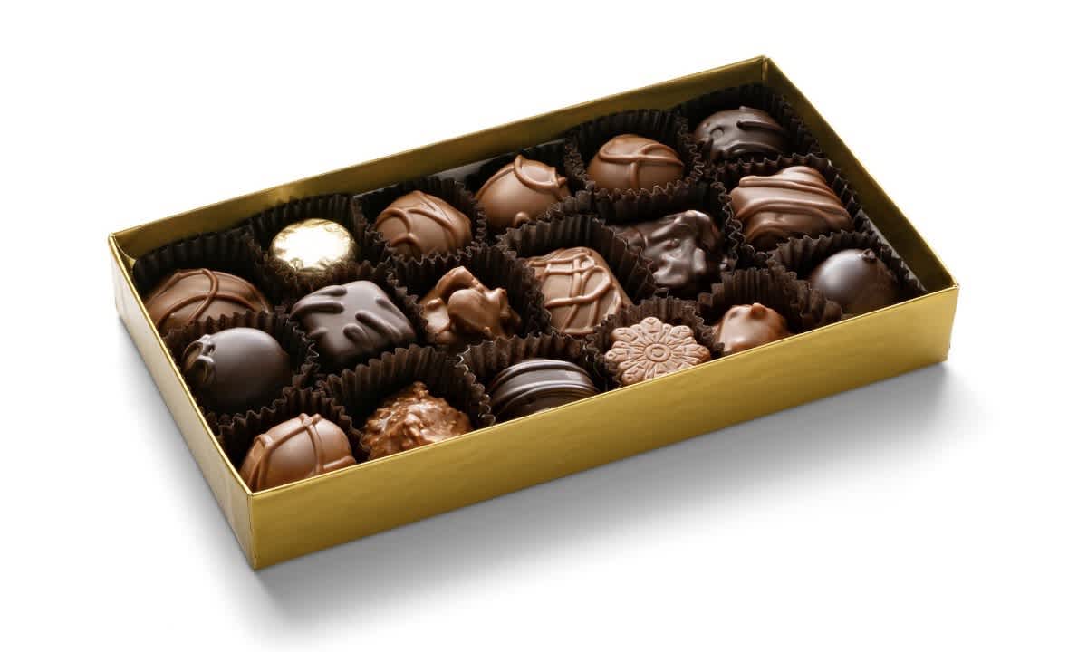 Box of assorted chocolates in a gold tray