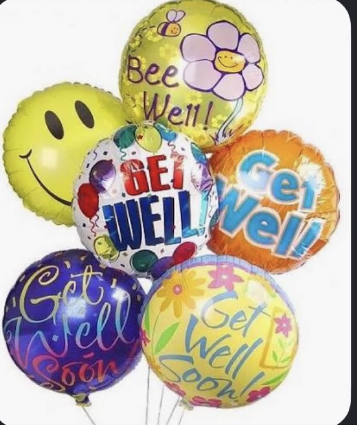 Five colorful get-well balloons with cheerful messages on a white background