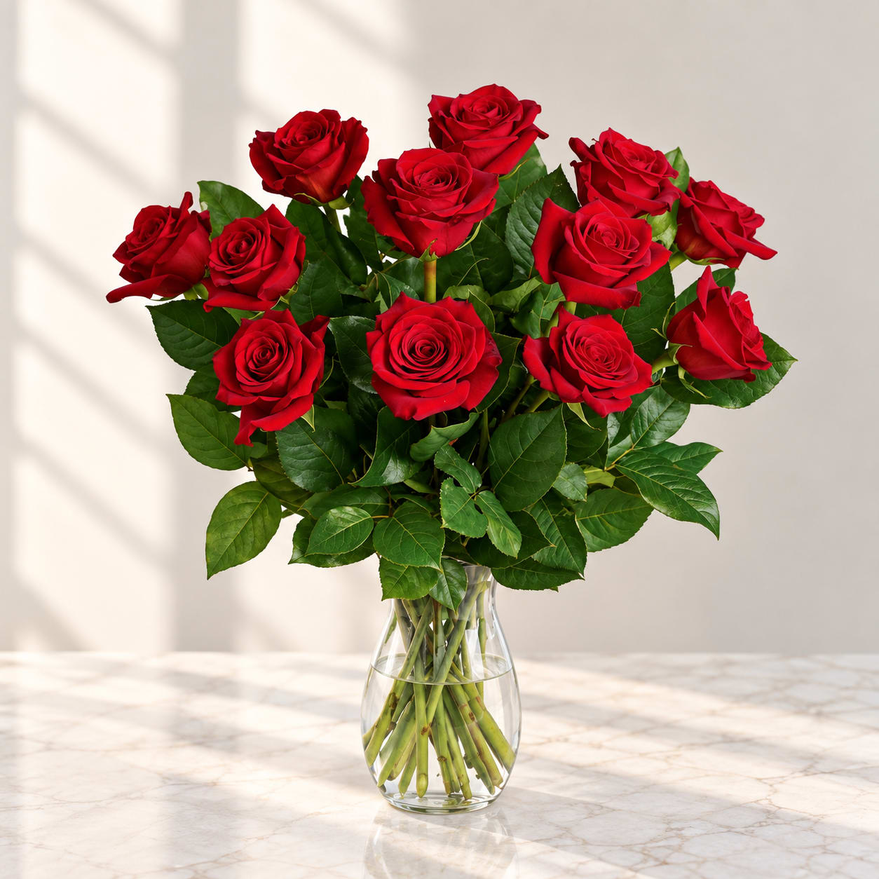 Bouquet of red roses in a clear glass vase