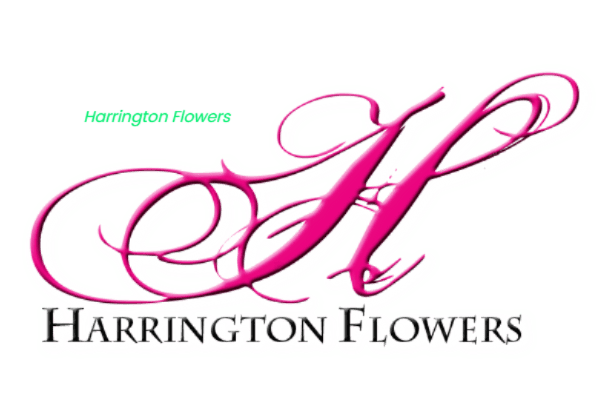 Harrington Flowers logo with a large pink script H on a green background
