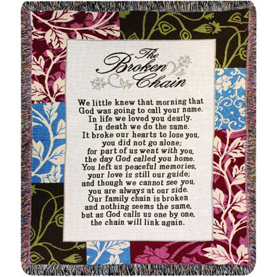 Memorial quilt with a poem titled "The Broken Chain"
