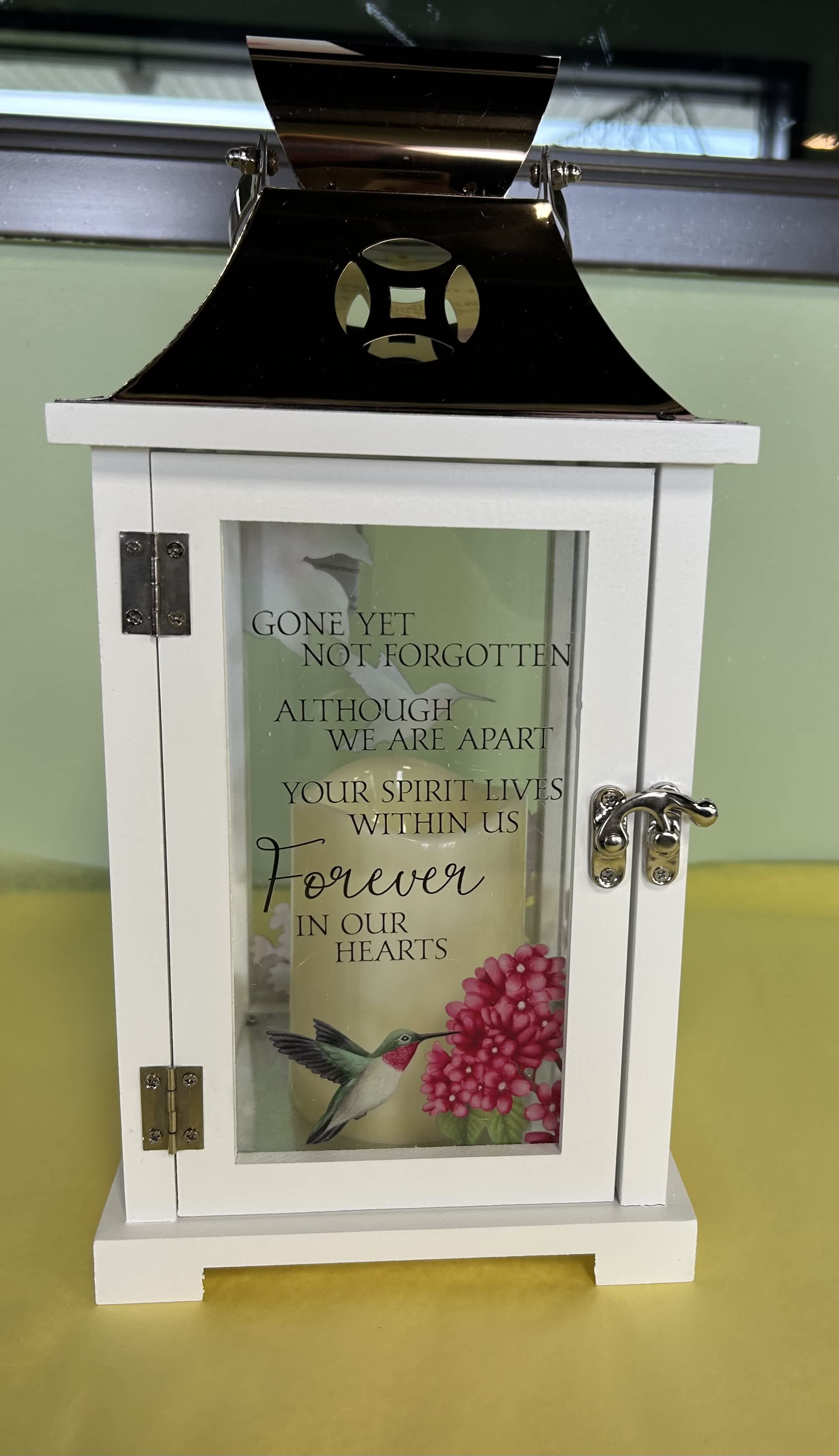 White memorial lantern with a hummingbird and floral print