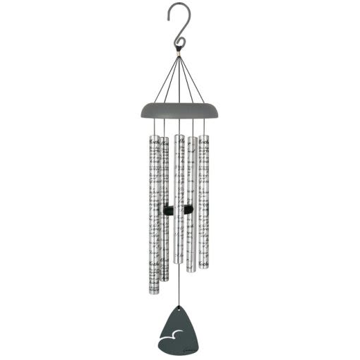 Metal wind chime with silver tubes and a black top hanger