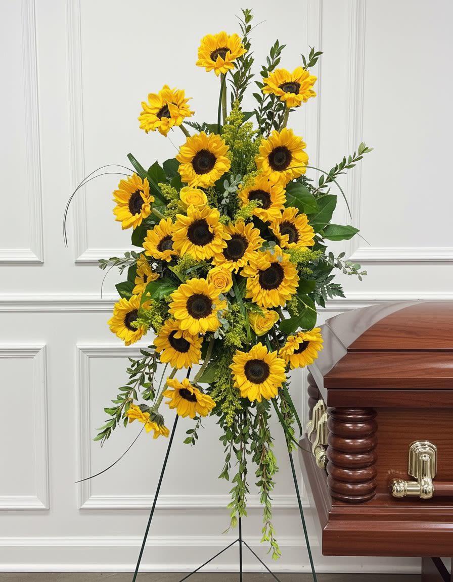Sunflower Standing Spray - Tall standing spray with sunflowers, filler and greens