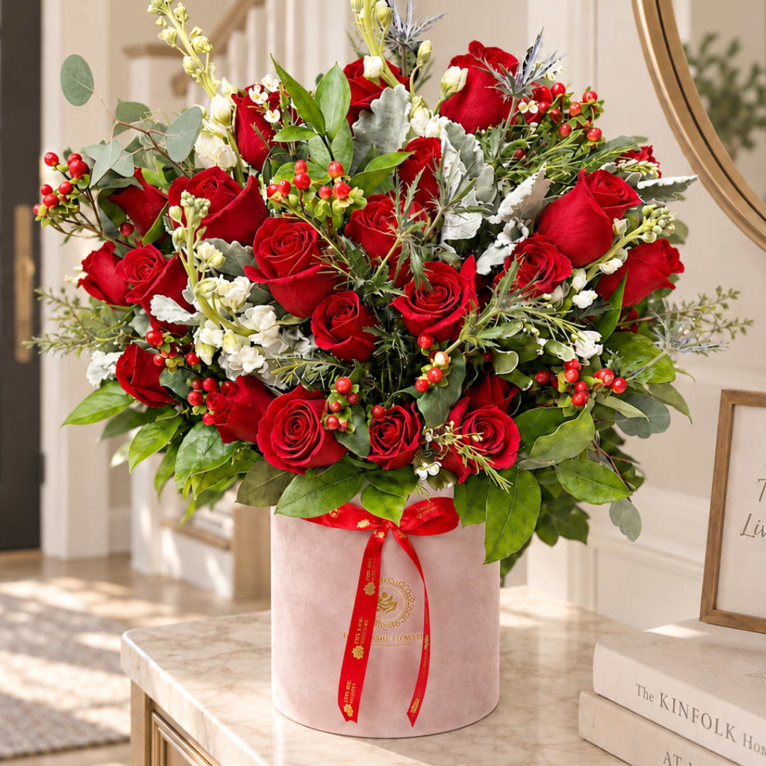 Large bouquet of red roses in a pink hatbox with a red ribbon