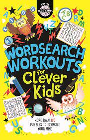 Colorful book cover with an owl and large text reading Wordsearch Workouts for Clever Kids