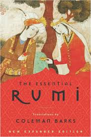Book cover with two illustrated figures in ornate clothing and the title "Rumi"