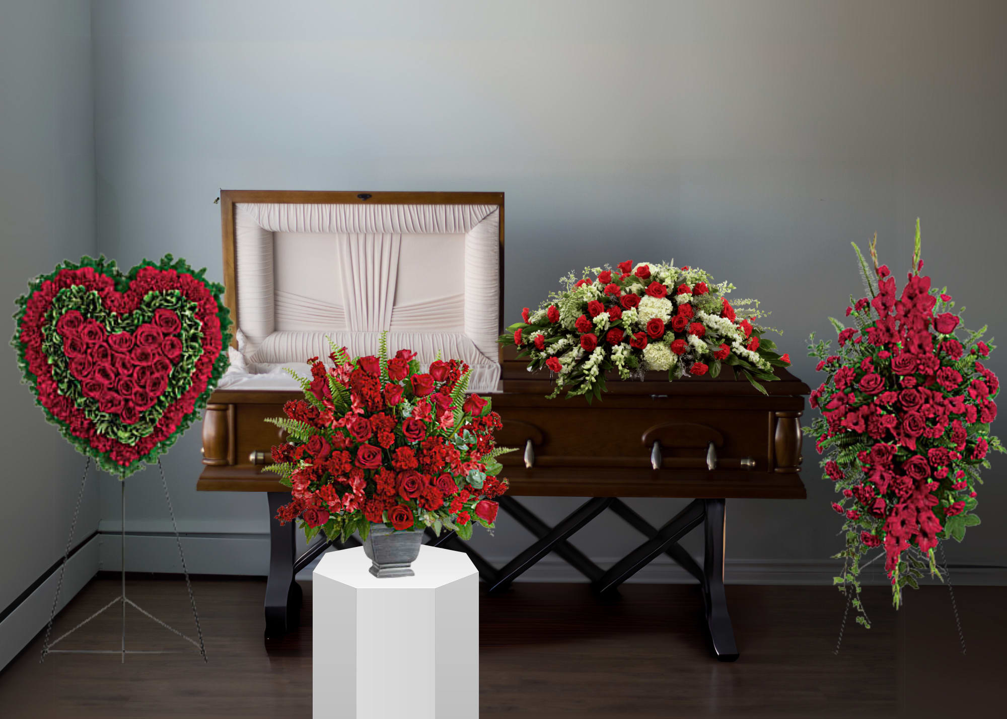 Red Family Ensemble CHC5400 - We understand how difficult this time can be. That’s why we’ve created this four -piece floral set—to help ease your stress while honoring your loved one with beauty and care.    Each piece is thoughtfully designed to work together, creating a peaceful and elegant tribute. By choosing this complete set, you can focus on remembering your loved one while we take care of the details. 