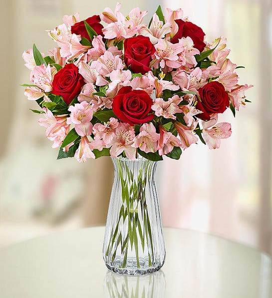 True Love Rose &amp; Peruvian Lily Bouquet - Rich red roses are gathered with soft pink Peruvian lilies